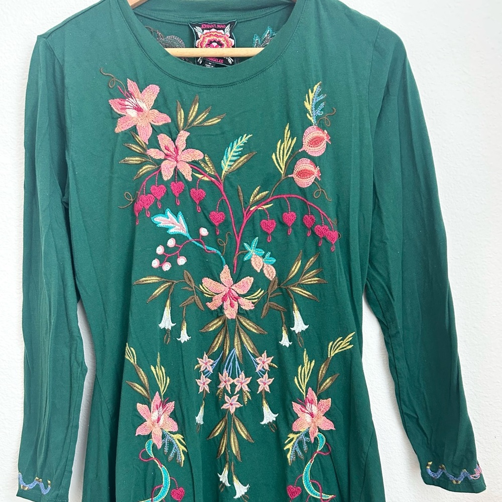 Johnny Was Amarylla Handkerchief Green Floral Embroidered Midi Dress - Medium - Picture 6 of 12